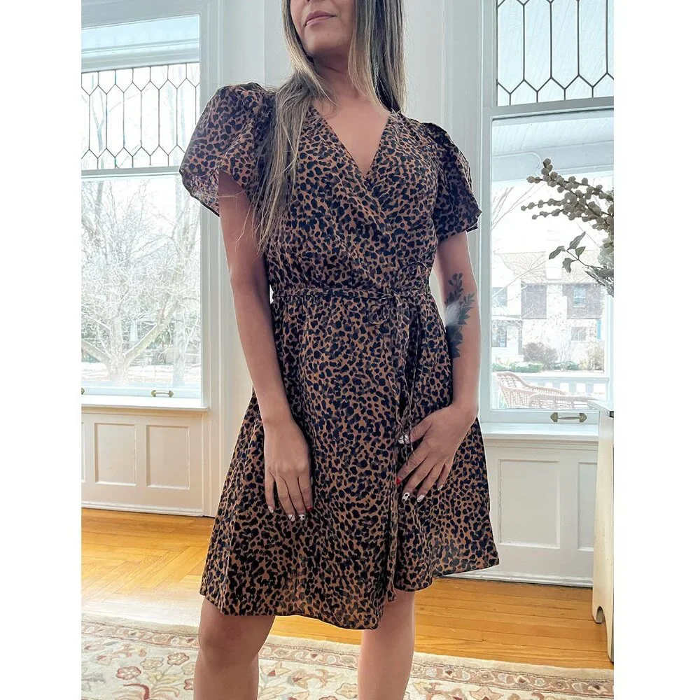 Animal Print Wrap Dress – Short Flared Sleeves, Size Small